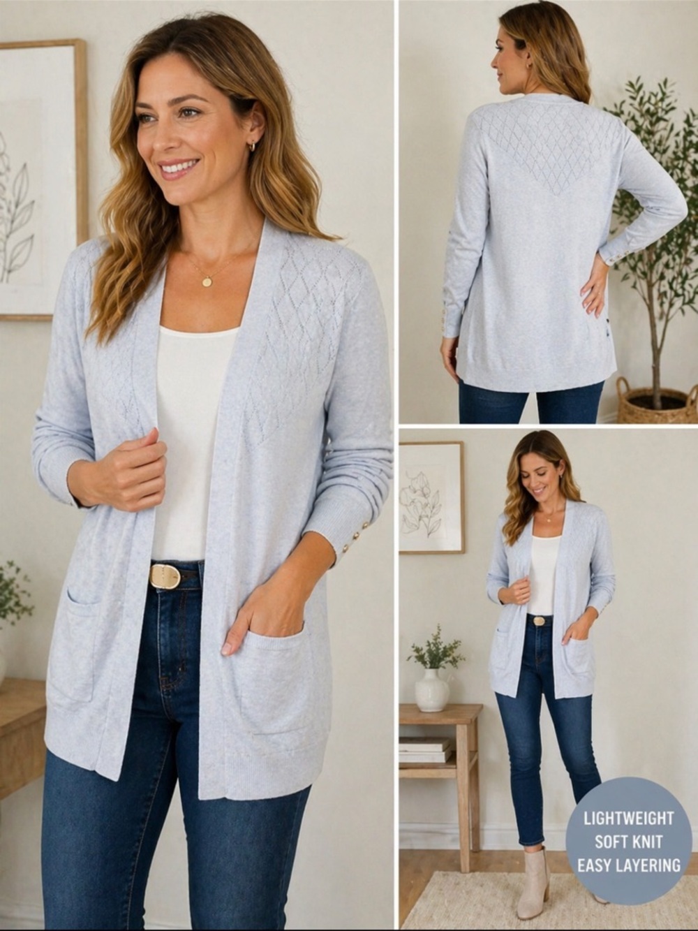 Verve Ami Lightweight Blue Open Cardigan XL Soft Knit Pockets Chambray